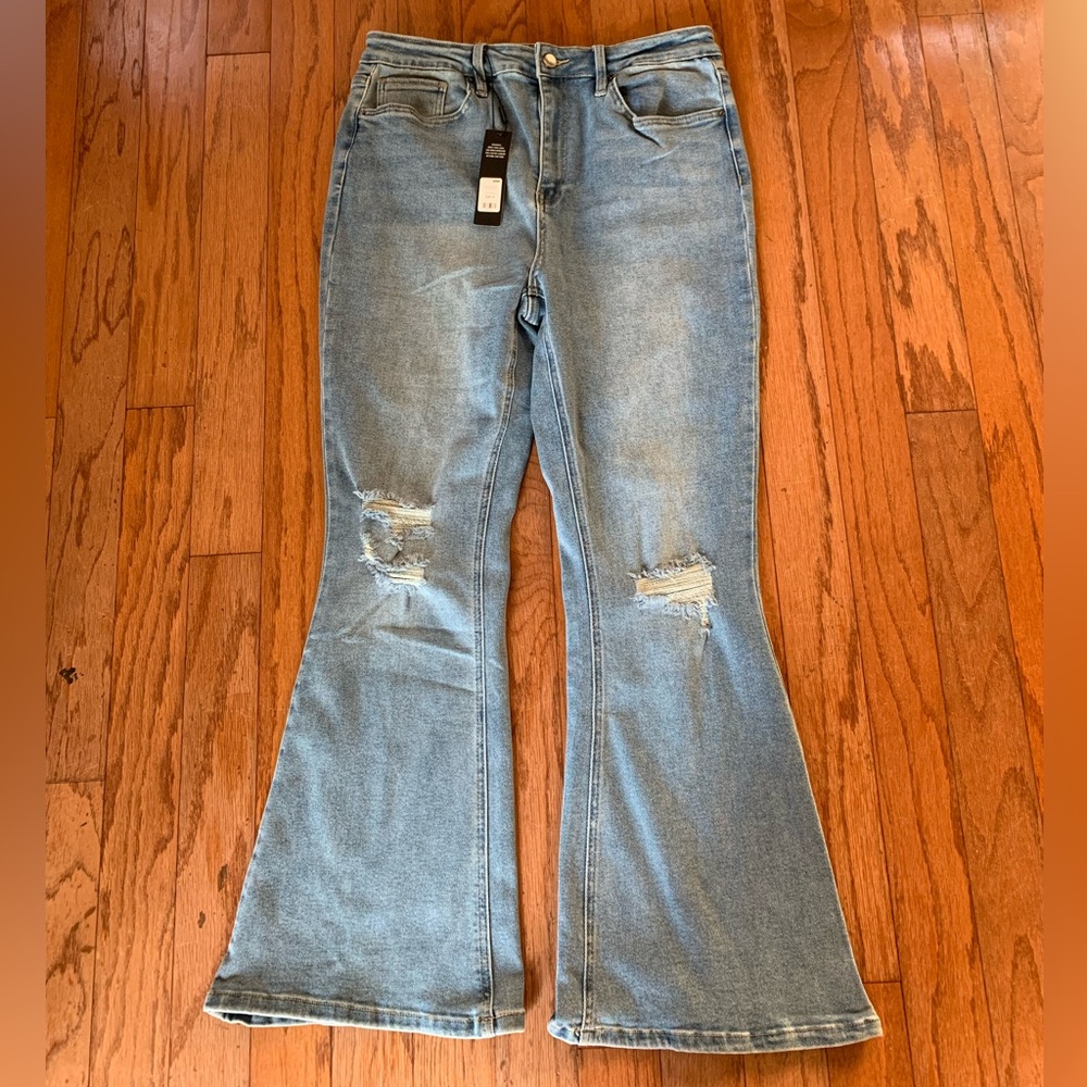 Fashion Nova Petite Girl Bye High Rise Flare Jeans - Light Blue Wash - Picture 4 of 11